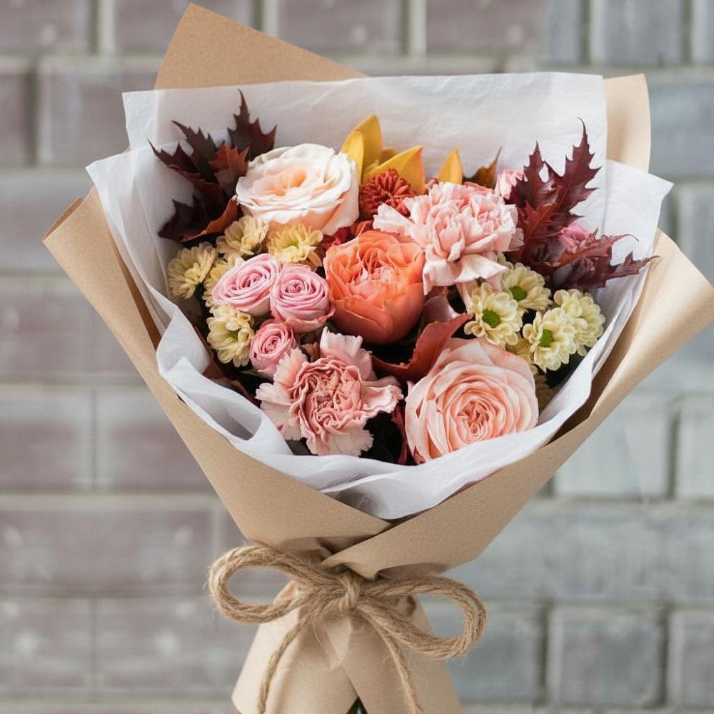 Букет цветов из: Гвоздики, Хризантемы и Розы в Сосновом Бору