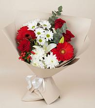 Букет цветов из:  Розы, Хризантемы, Герберы и Лилии в Сосновом Бору