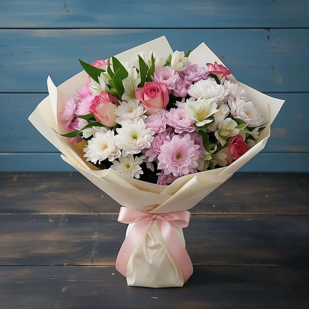 Букет цветов из: Хризантемы, Альстромерии и Розы в Сосновом Бору